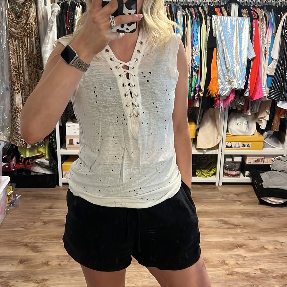 Olivacious White Linen Distressed Lace-Up Sleeveless Shirt